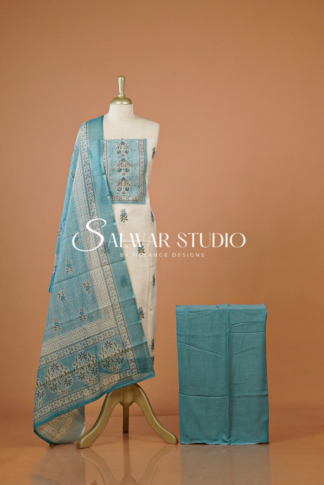 Linen Embroidery Unstitched Salwar Suit Dress Material Off White With Blue AC0291