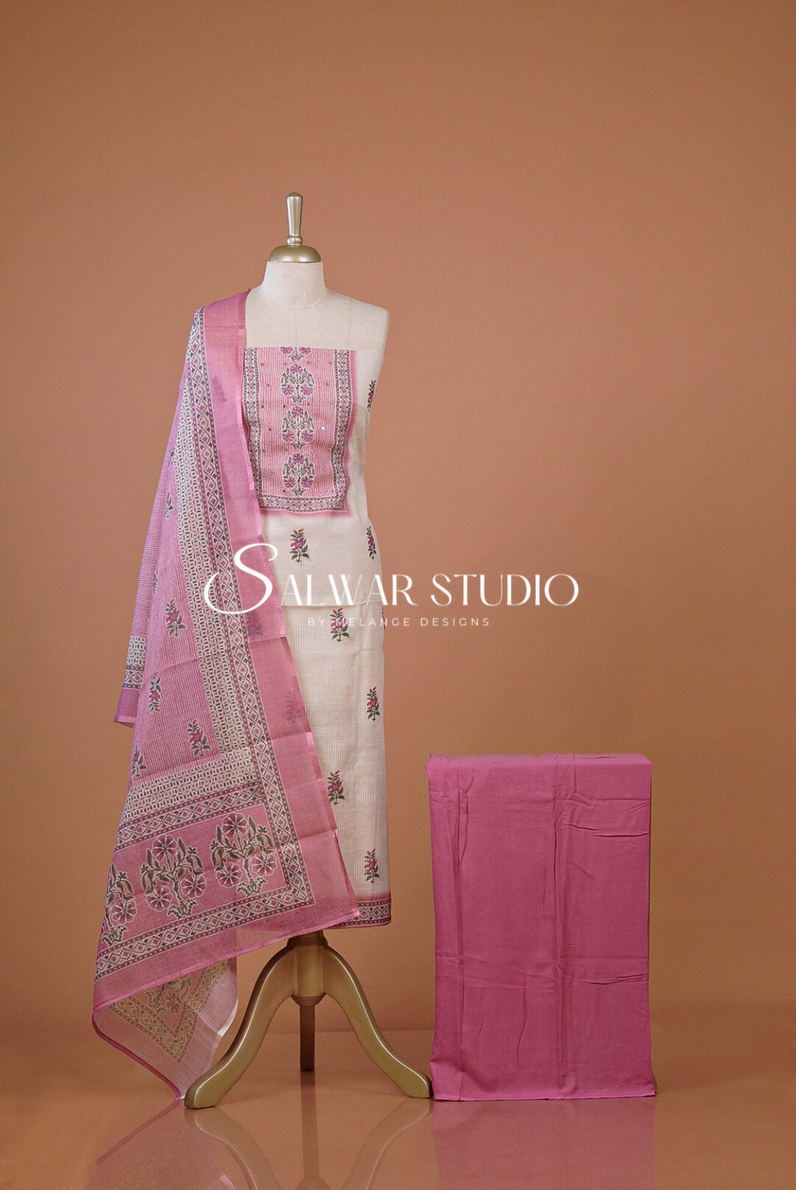 Linen Embroidery Unstitched Salwar Suit Dress Material Off White With Pink AC0292
