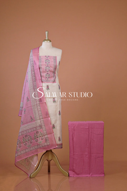 Linen Embroidery Unstitched Salwar Suit Dress Material Off White With Pink AC0292