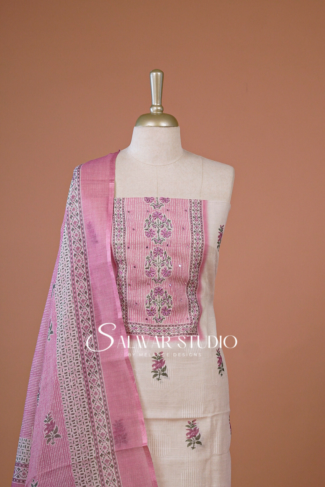 Linen Embroidery Unstitched Salwar Suit Dress Material Off White With Pink AC0292