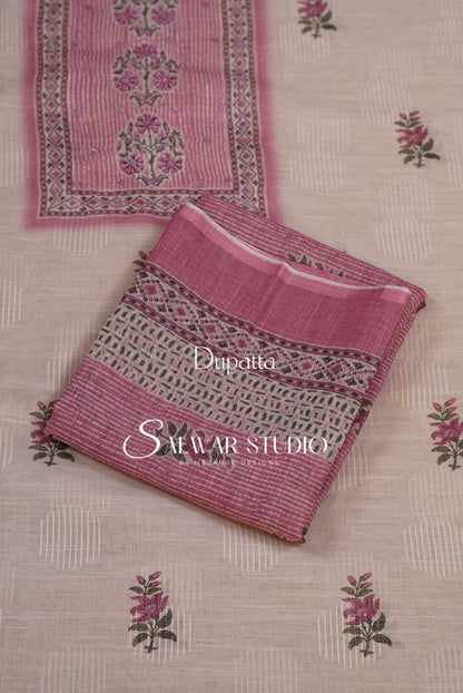 Linen Embroidery Unstitched Salwar Suit Dress Material Off White With Pink AC0292