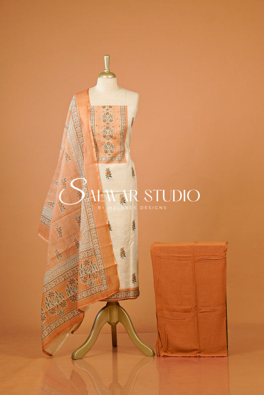 Linen Embroidery Unstitched Salwar Suit Dress Material Front View
