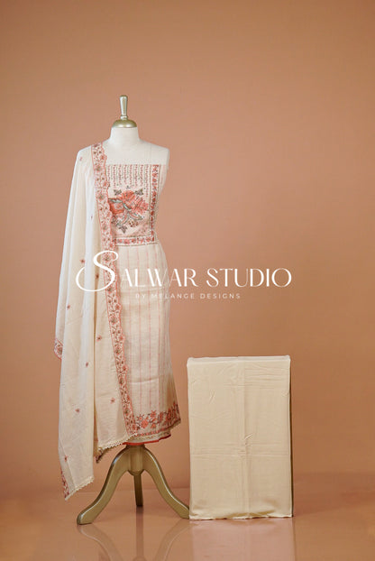 Linen Embroidery Unstitched Salwar Suit Dress Material Cream  Front View