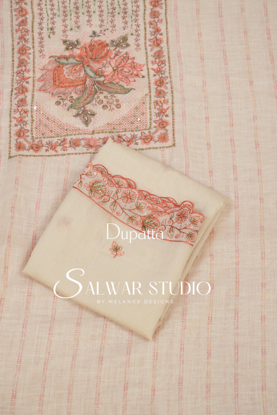 Linen Embroidery Unstitched Salwar Suit Dress Material Cream Dupatta