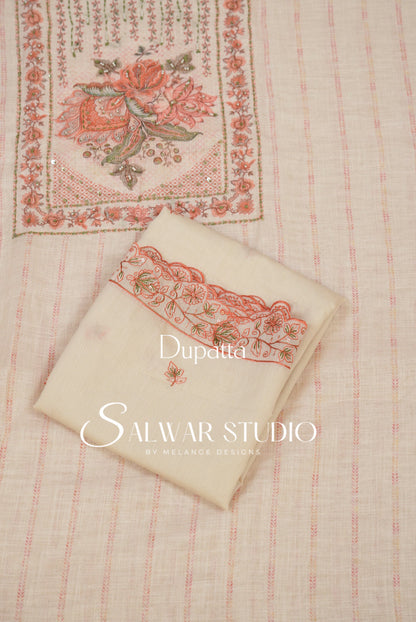 Linen Embroidery Unstitched Salwar Suit Dress Material Cream Dupatta