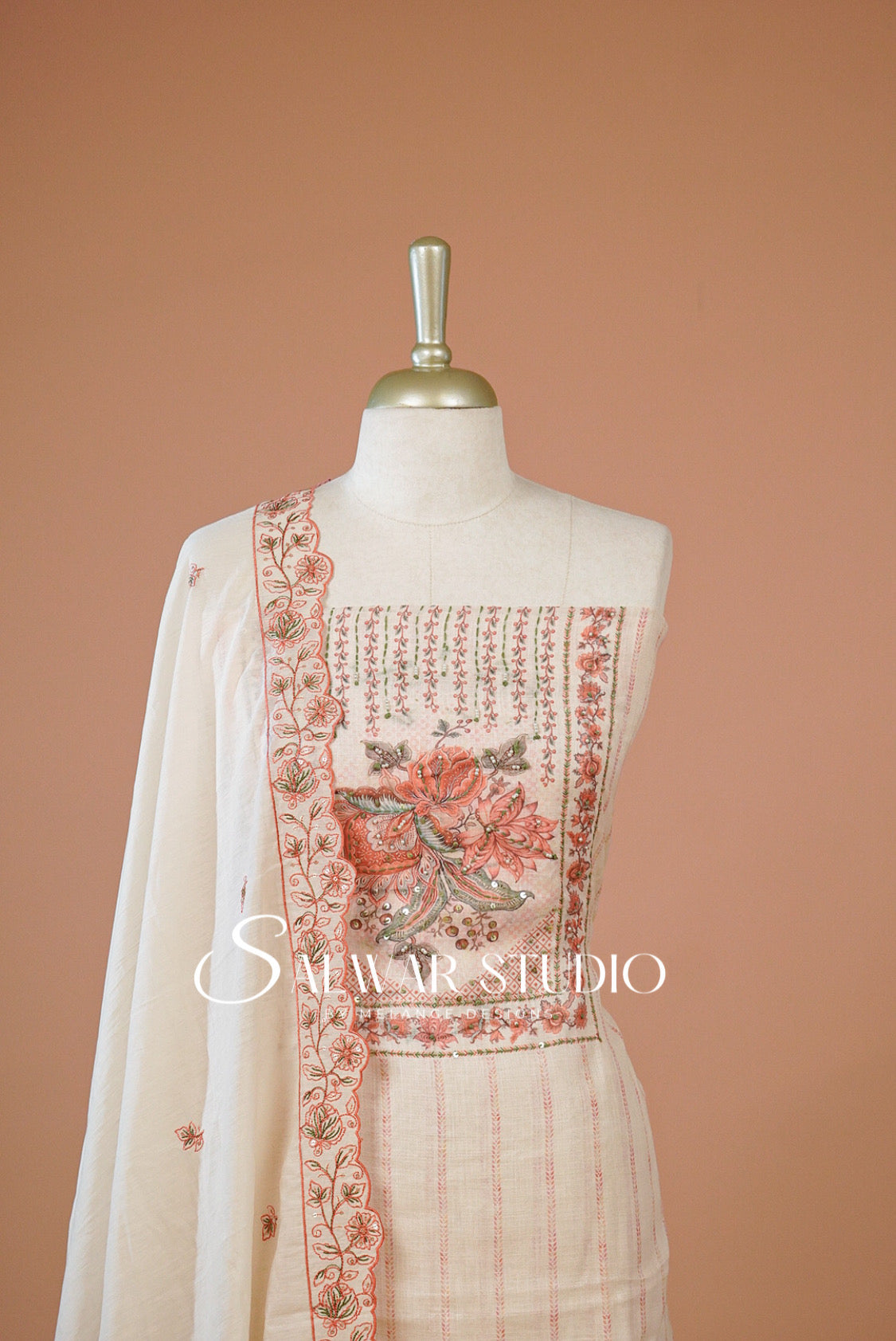 Linen Embroidery Unstitched Salwar Suit Dress Material Cream Close UP