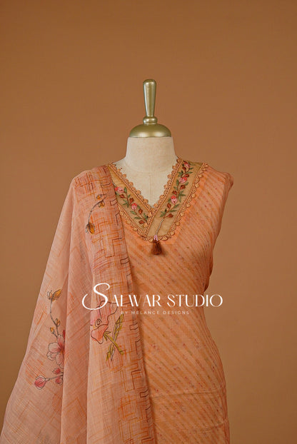 Linen Embroidery Semi Stitched Salwar Suit Dress Material Apricot Peach AC0225