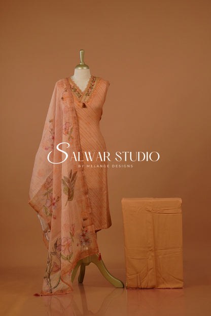 Linen Embroidery Semi Stitched Salwar Suit Dress Material Apricot Peach AC0225
