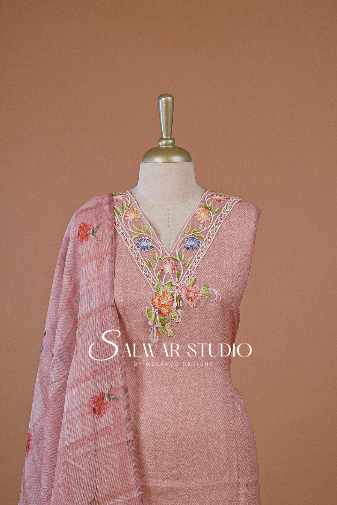 Linen Embroidery Semi Stitched Salwar Suit Dress Material Melon Peach AC0227