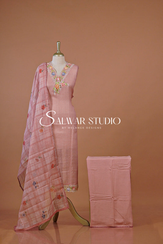 Linen Embroidery Semi Stitched Salwar Suit Dress Material Melon Peach AC0227