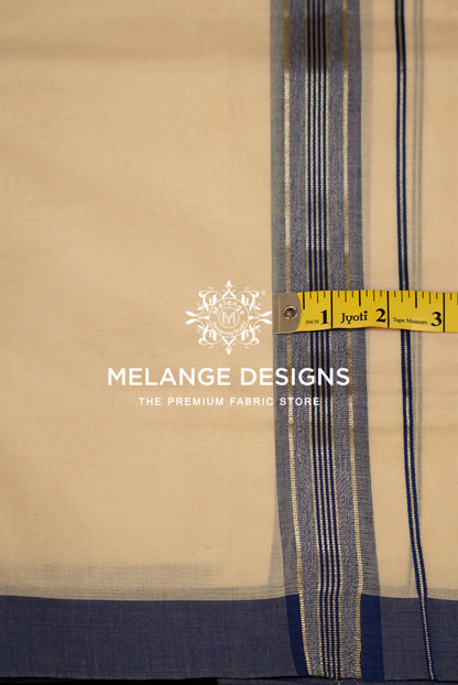 Premium Cotton Dhoti for Men Off-White with Navy blue Close Up.