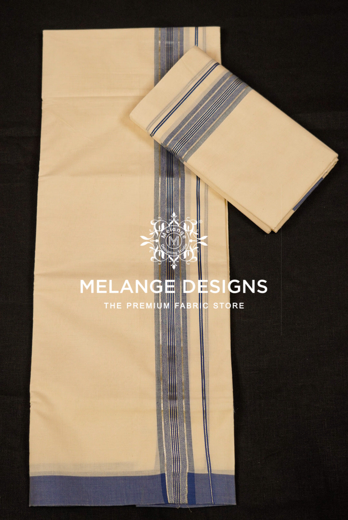 Premium Cotton Dhoti for Men Off-White with Navy blue Full View.