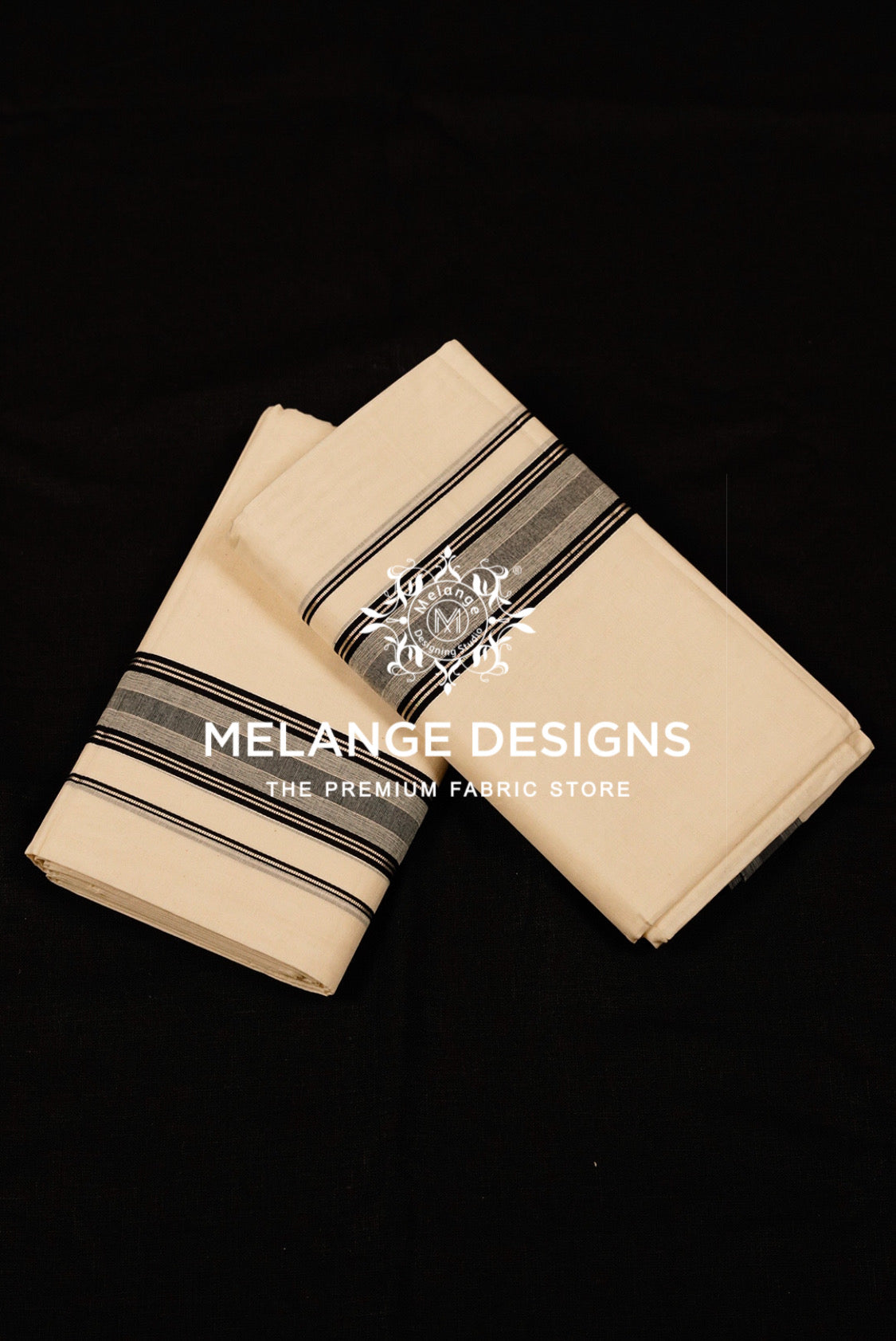 Premium Cotton Dhoti For Men Off White with Black & Grey Multi-Line Striped Border.