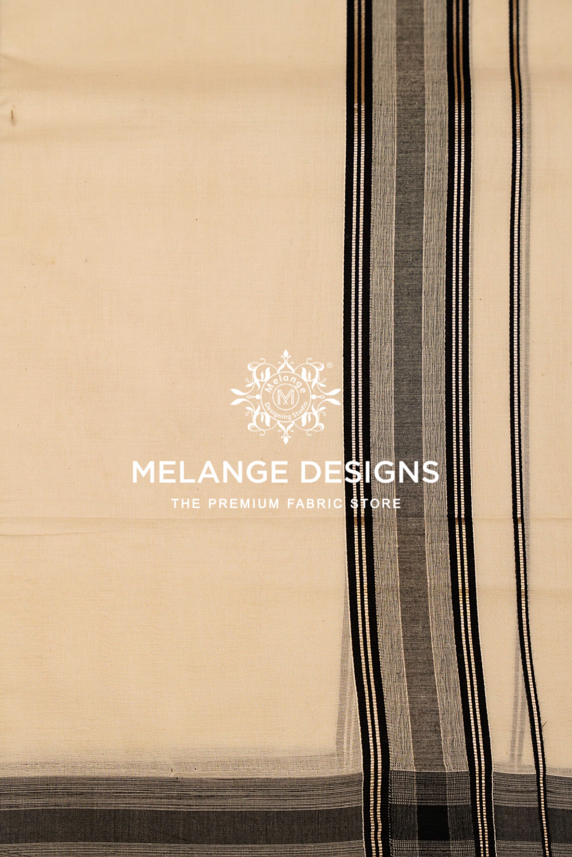 Premium Cotton Dhoti For Men Off White with Black & Grey Multi-Line Striped Border Close View.