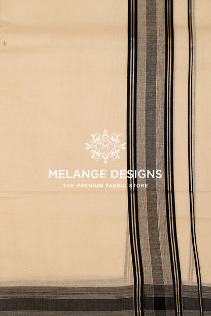 Premium Cotton Dhoti For Men Off White with Black & Grey Multi-Line Striped Border Close View.