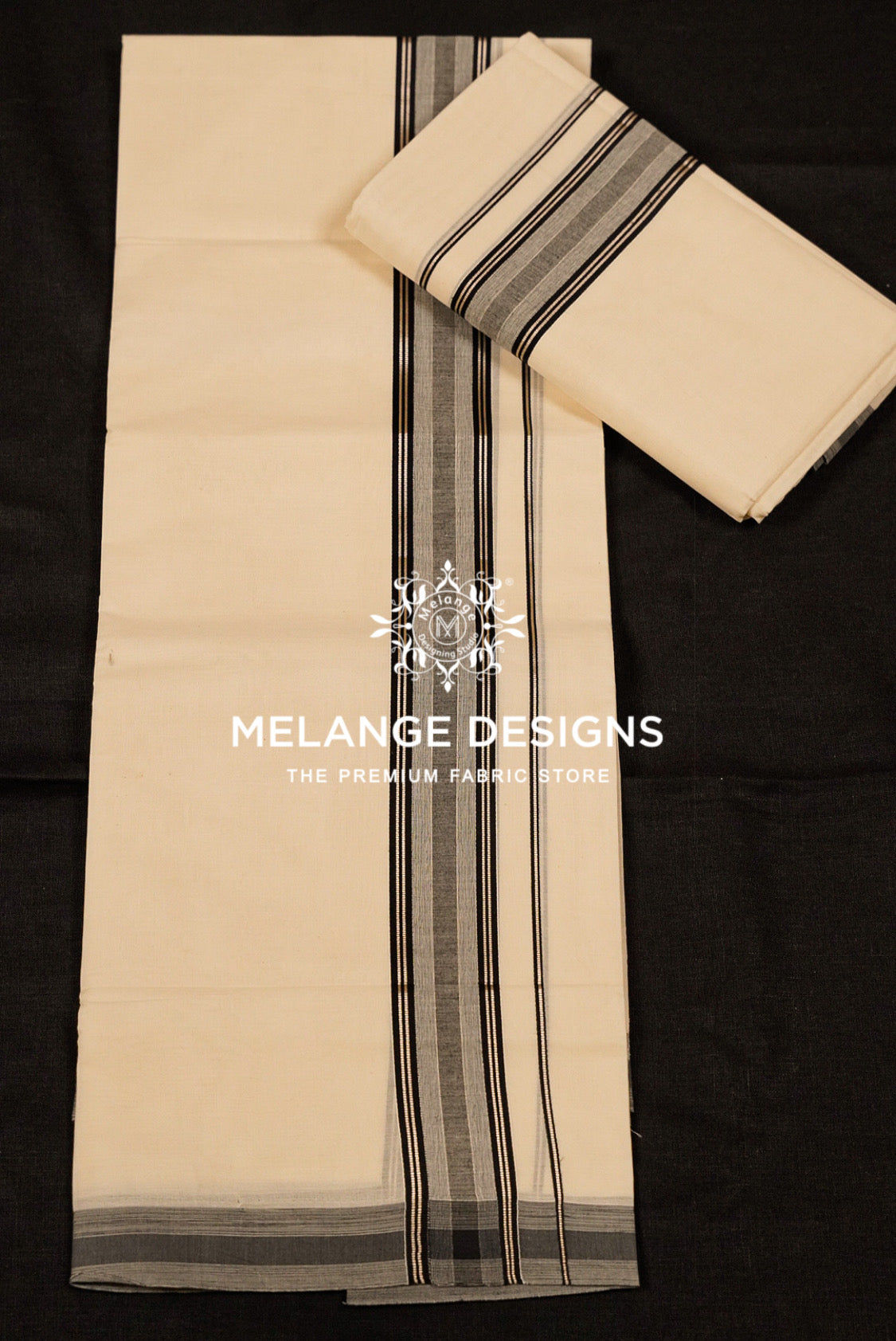 Premium Cotton Dhoti For Men Off White with Black & Grey Multi-Line Striped Border Full View.