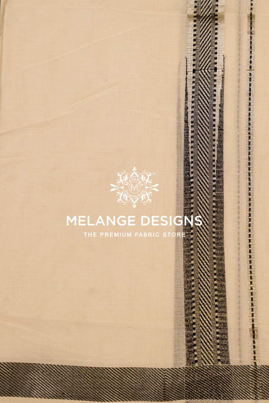 Premium Cotton Dhoti For Men Off White with Black and Grey Herringbone woven border  Cloe View.