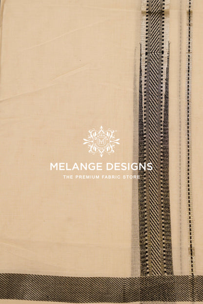 Premium Cotton Dhoti For Men Off White with Black and Grey Herringbone woven border  Cloe View.