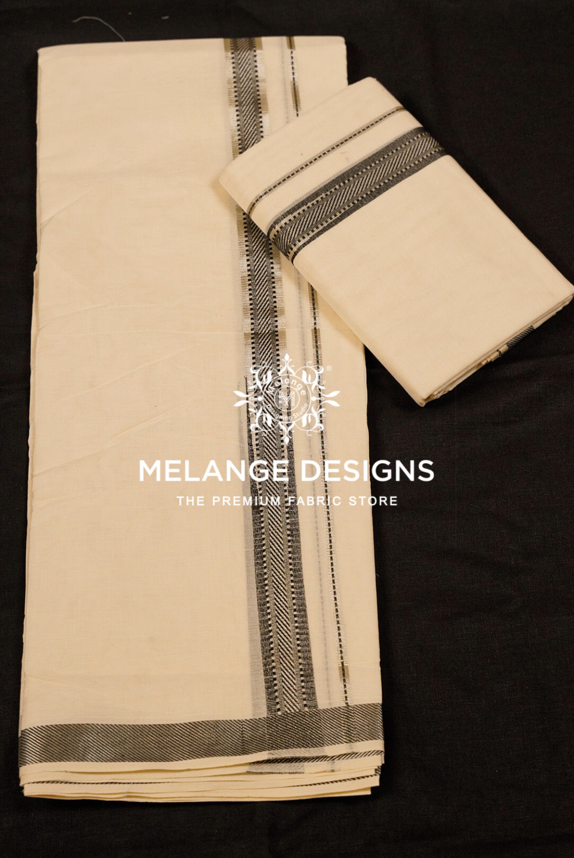 Premium Cotton Dhoti For Men Off White with Black and Grey Herringbone woven border Full View.