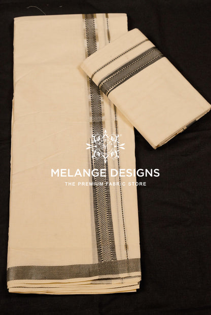 Premium Cotton Dhoti For Men Off White with Black and Grey Herringbone woven border Full View.