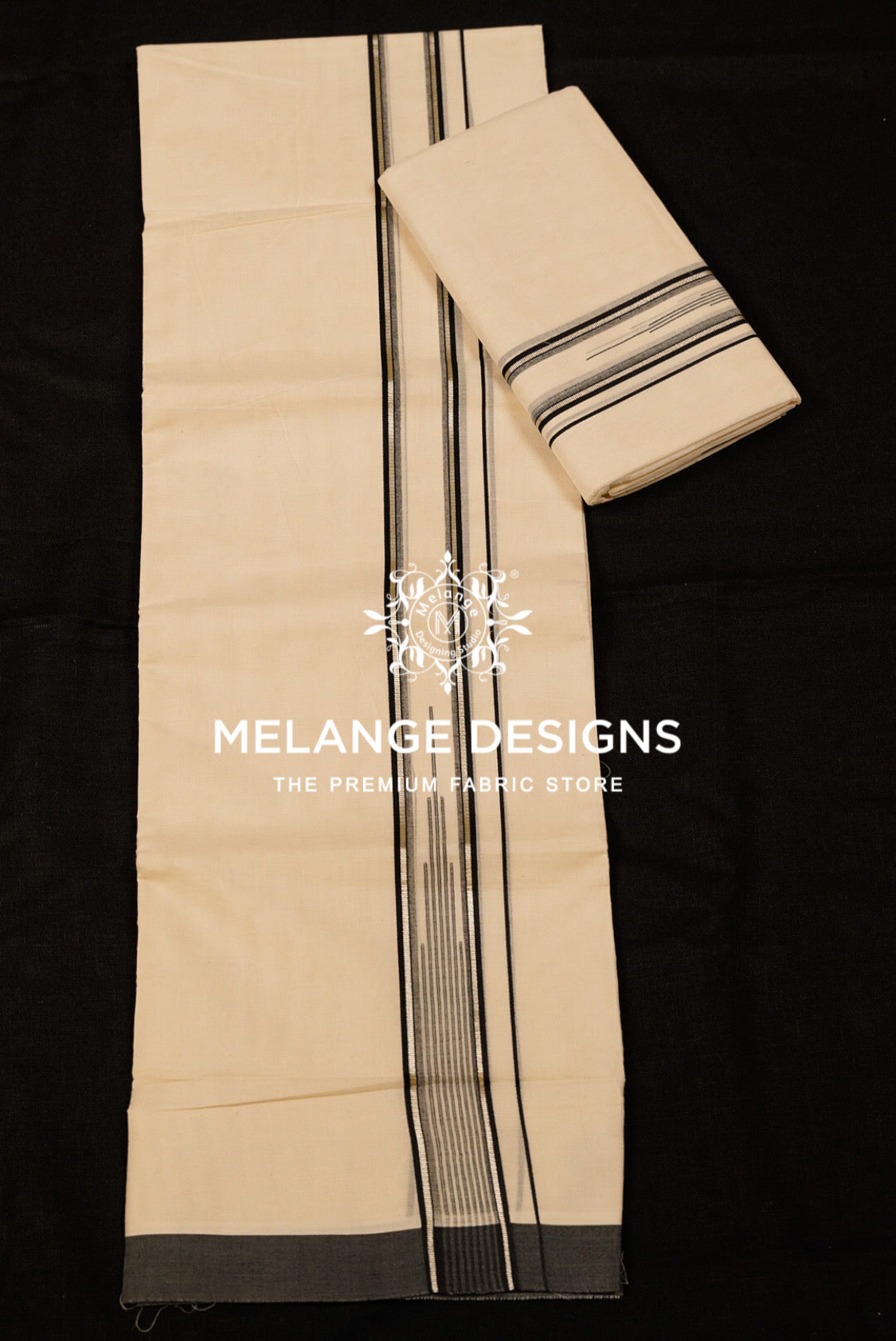 Premium Cotton Dhoti For Men with Off White with Black & Grey Stripe Woven Border Full View.