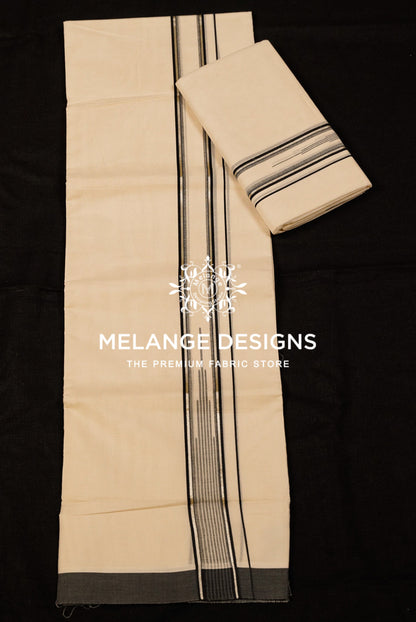 Premium Cotton Dhoti For Men with Off White with Black & Grey Stripe Woven Border Full View.
