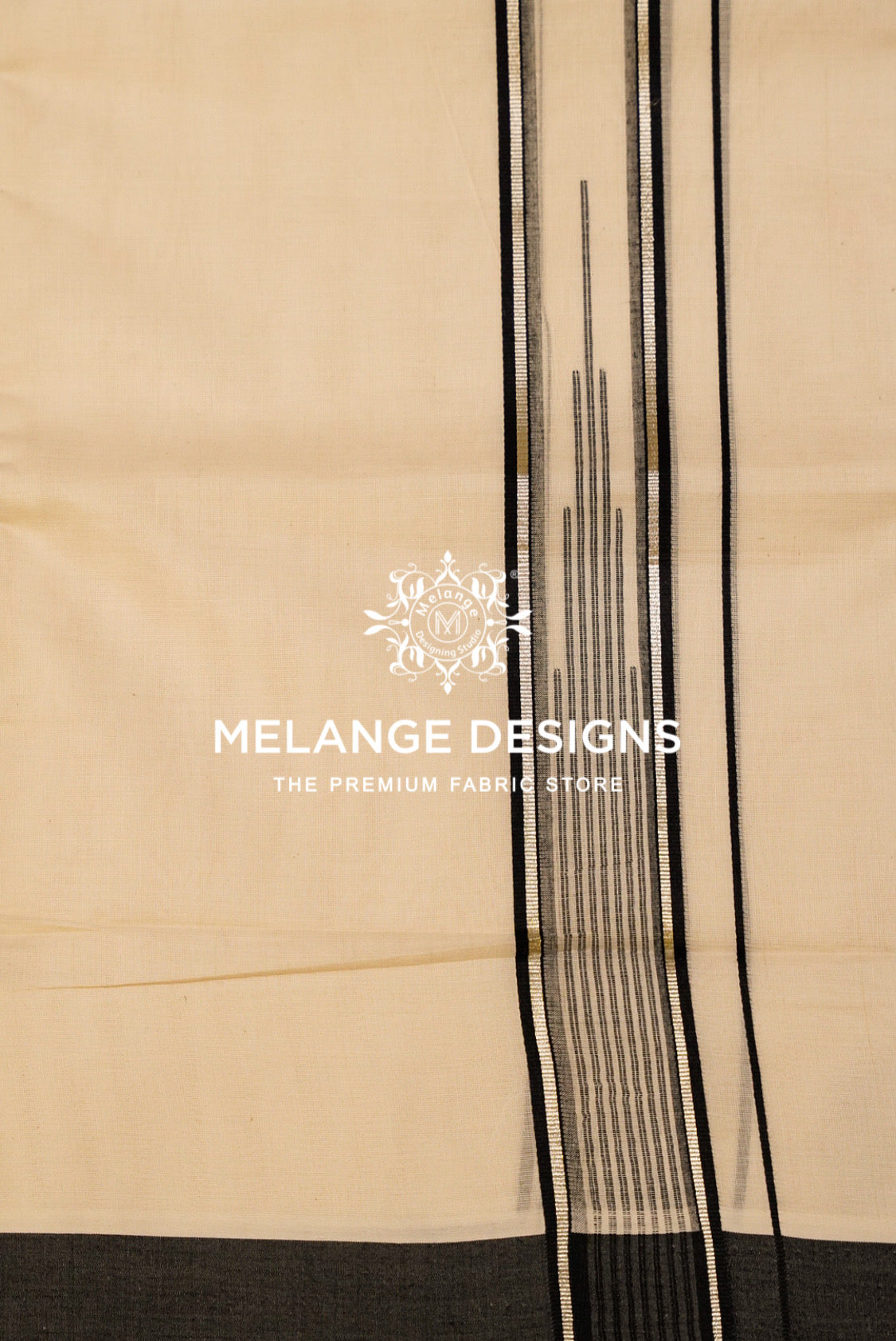 Premium Cotton Dhoti For Men with Off White with Black & Grey Stripe Woven Border Close View.