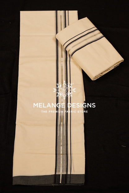 Premium Cotton Dhoti For Men Off White with Black and Silver-Grey  Full View.