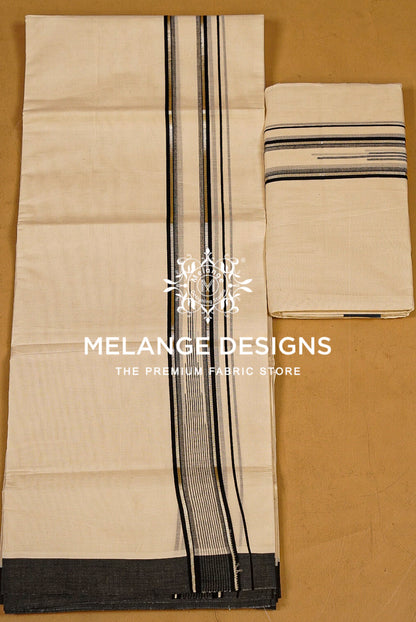 A folded and unfolded view of a cream-colored cotton fabric saree or sari with black stripes.