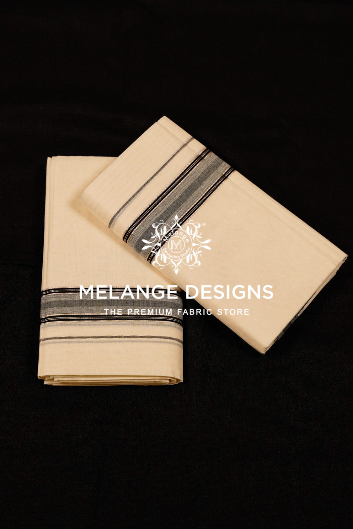 Premium Cotton Dhoti For Men Off White with Black & Grey Multi-Line Striped Border.
