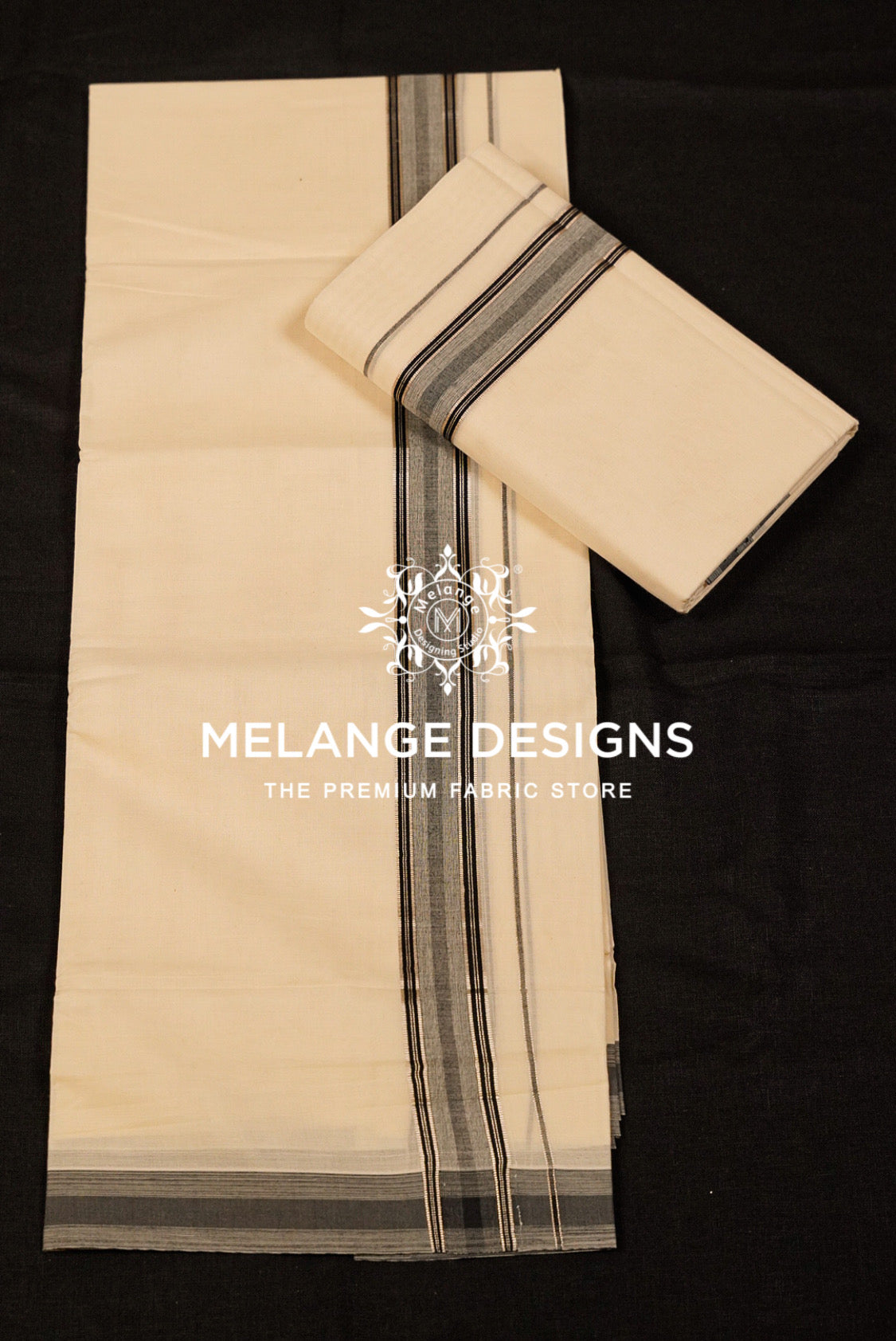 Premium Cotton Dhoti For Men Off White with Black & Grey Multi-Line Striped Border Full View.
