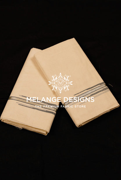 Premium Cotton Dhoti For Men Off White with Black Grey and Silver-Grey linear border.