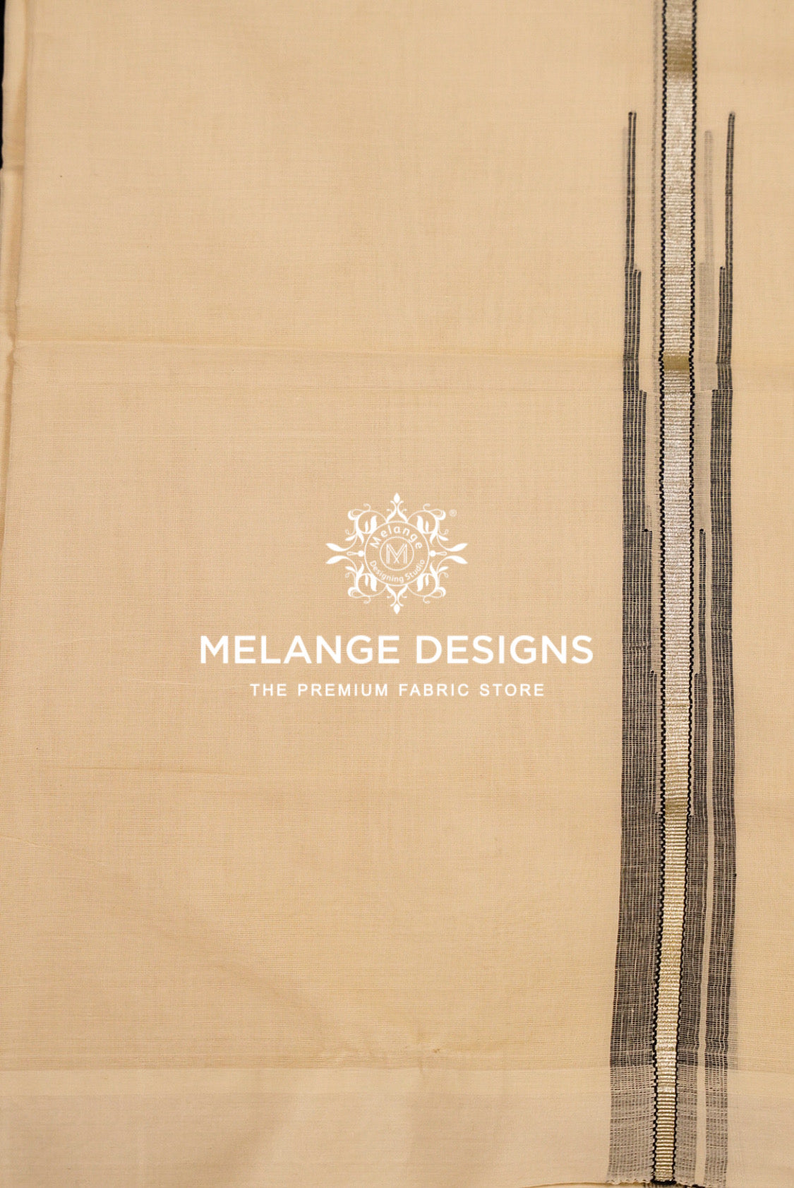 Premium Cotton Dhoti For Men Off White with Black Grey and Silver-Grey linear border Close View.
