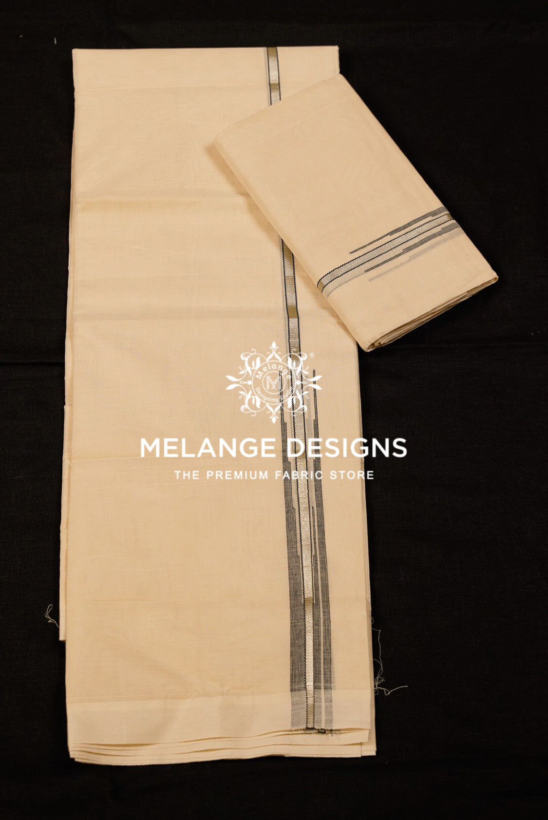 Premium Cotton Dhoti For Men Off White with Black Grey and Silver-Grey linear border Full View.