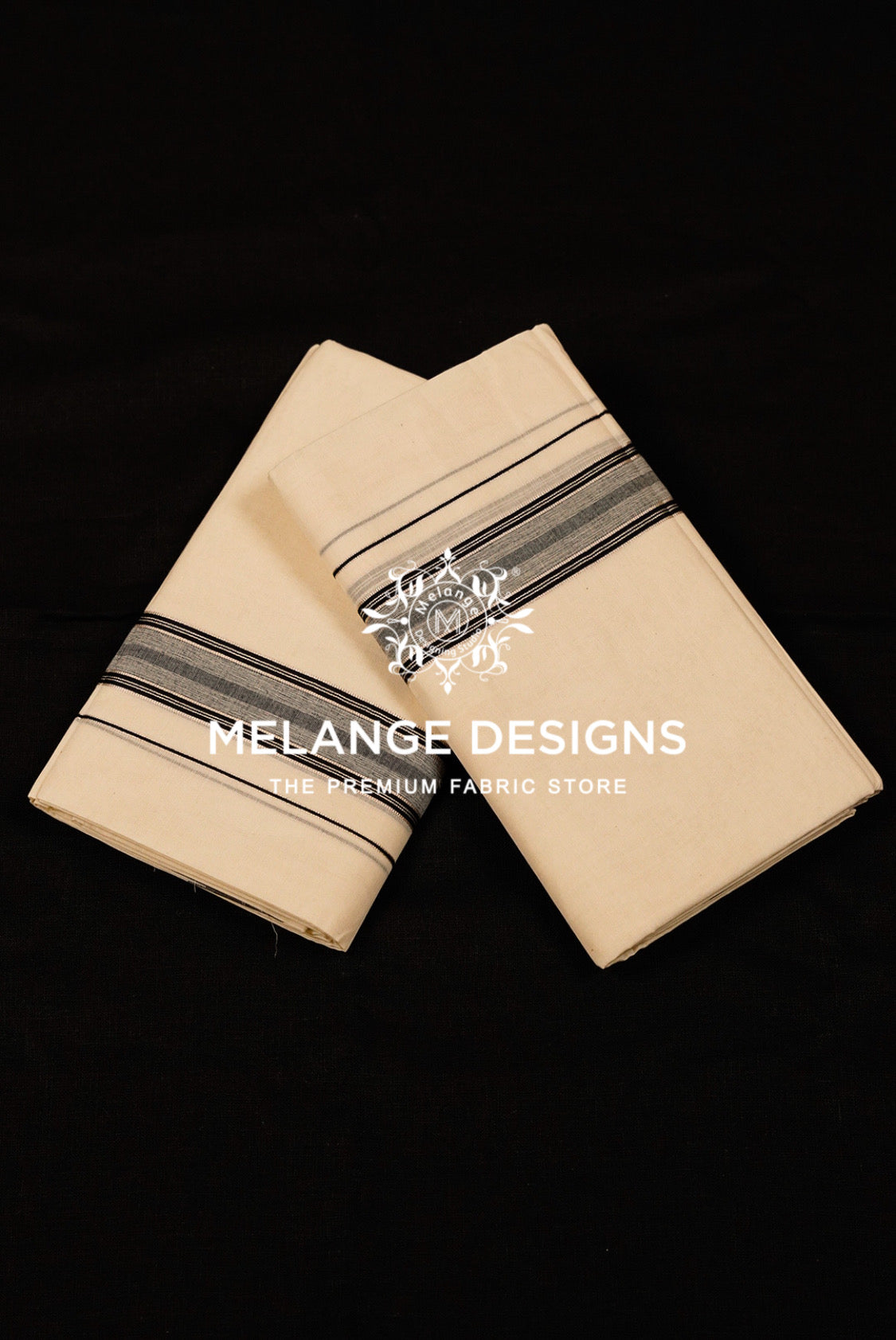 Premium Cotton Dhoti For Men Off White with Black & Grey Woven Stripe Border.