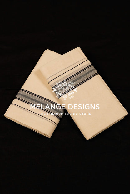 Premium Cotton Dhoti For Men Off White with Black & Grey Woven Stripe Border.