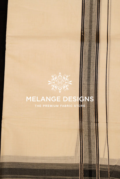 Premium Cotton Dhoti For Men Off White with Black & Grey Woven Stripe Border Close View.