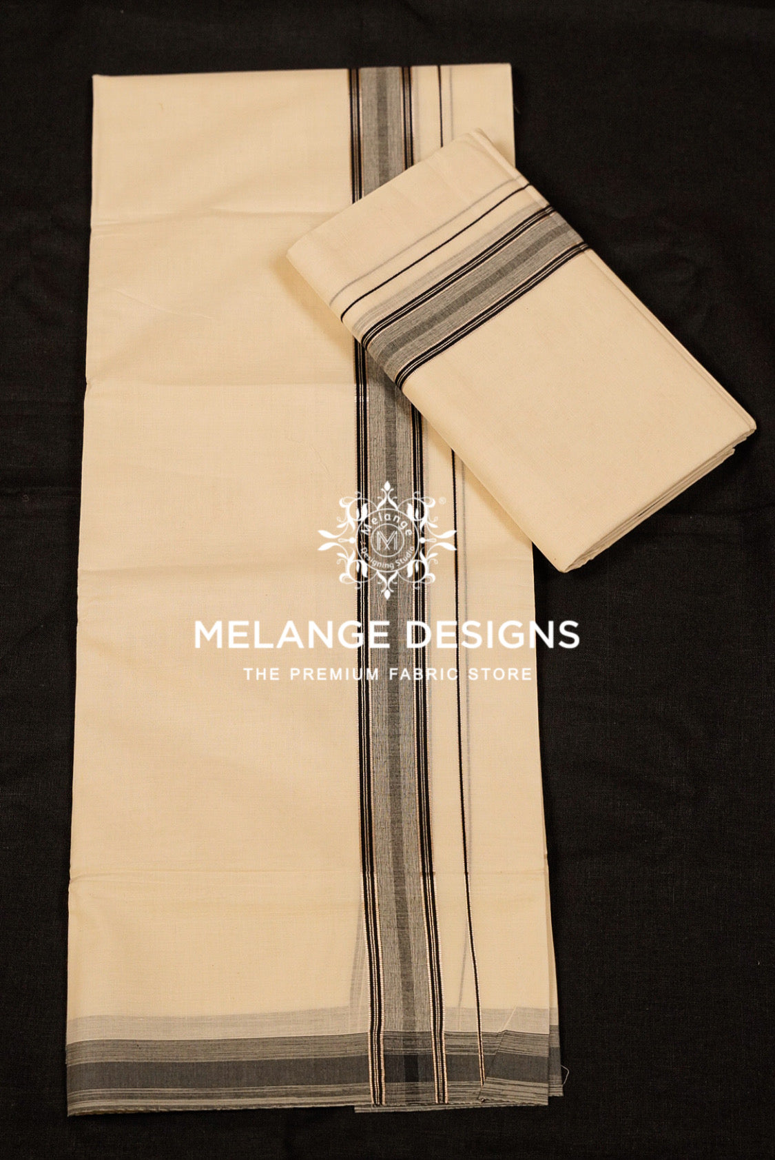 Premium Cotton Dhoti For Men Off White with Black & Grey Woven Stripe Border Full View.