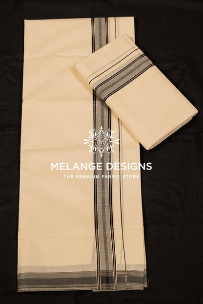 Premium Cotton Dhoti For Men Off White with Black & Grey Woven Stripe Border Full View.