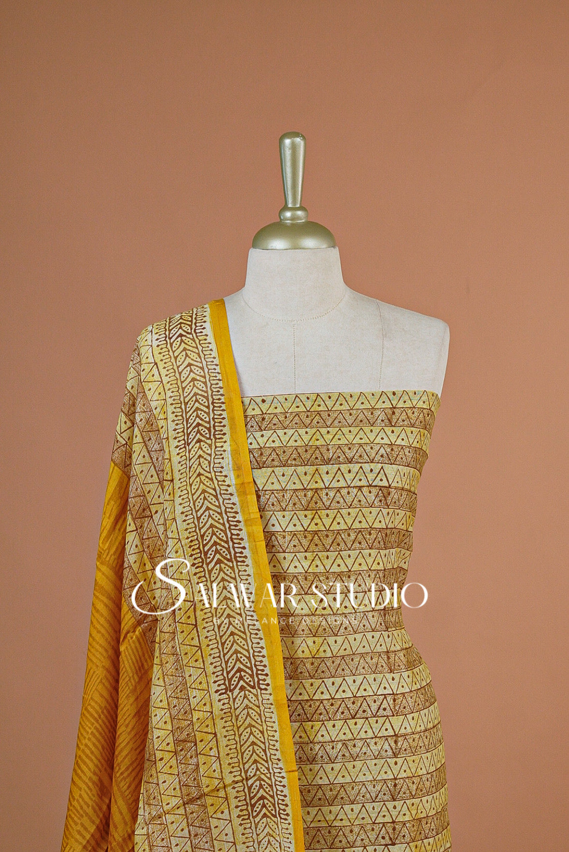 Printed Chanderi Unstitched Salwar Suit Dress Material Yellow AC0205