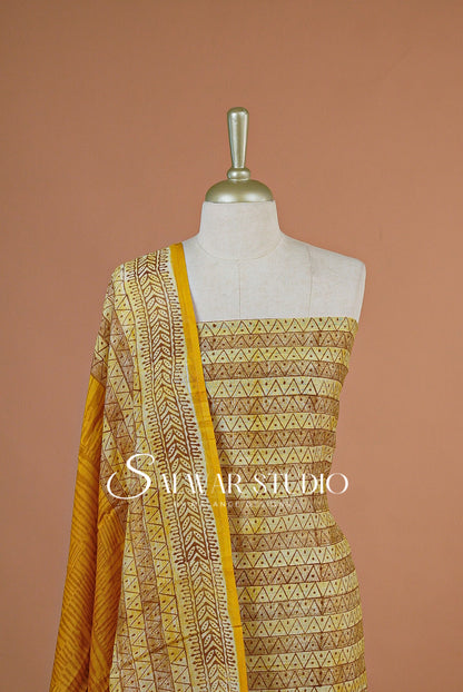 Printed Chanderi Unstitched Salwar Suit Dress Material Yellow AC0205