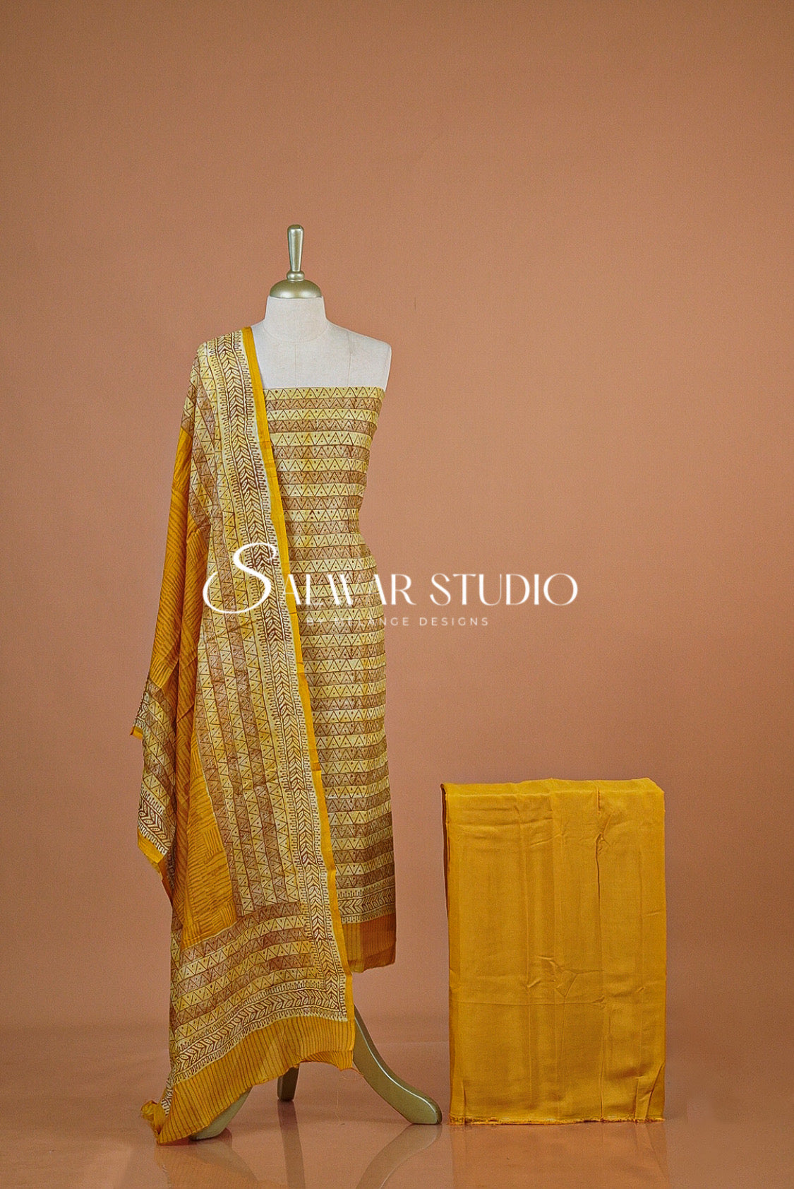 Printed Chanderi Unstitched Salwar Suit Dress Material Yellow AC0205