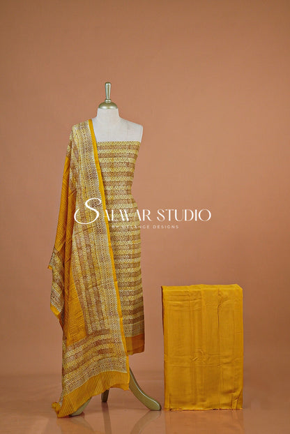 Printed Chanderi Unstitched Salwar Suit Dress Material Yellow AC0205