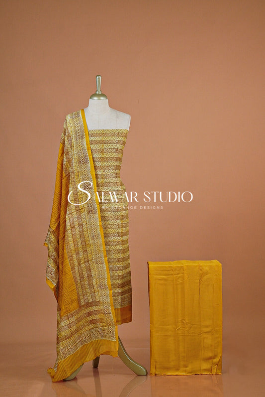 Printed Chanderi Unstitched Salwar Suit Dress Material Yellow AC0205