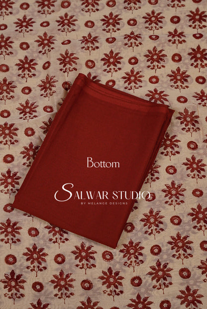 Printed Chanderi Unstitched Salwar Suit Dress Material Cream Tan With Maroon AC0206