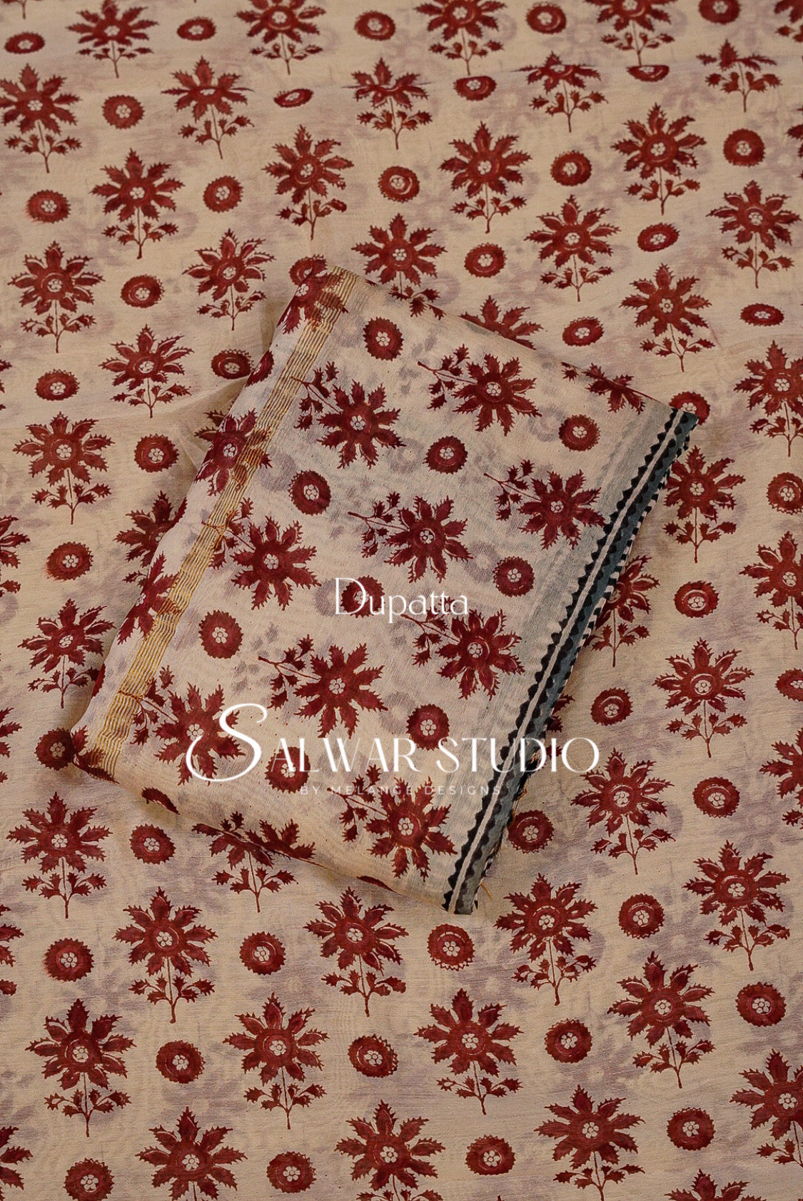 Printed Chanderi Unstitched Salwar Suit Dress Material Cream Tan With Maroon AC0206
