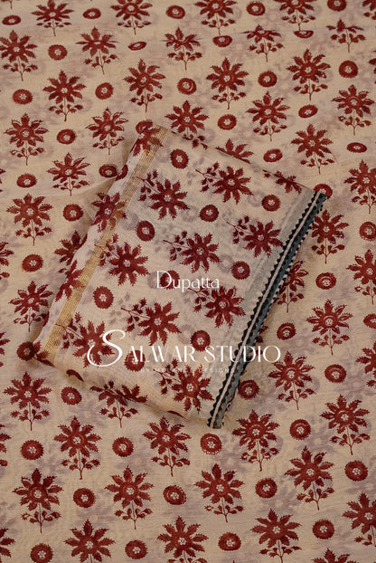 Printed Chanderi Unstitched Salwar Suit Dress Material Cream Tan With Maroon AC0206