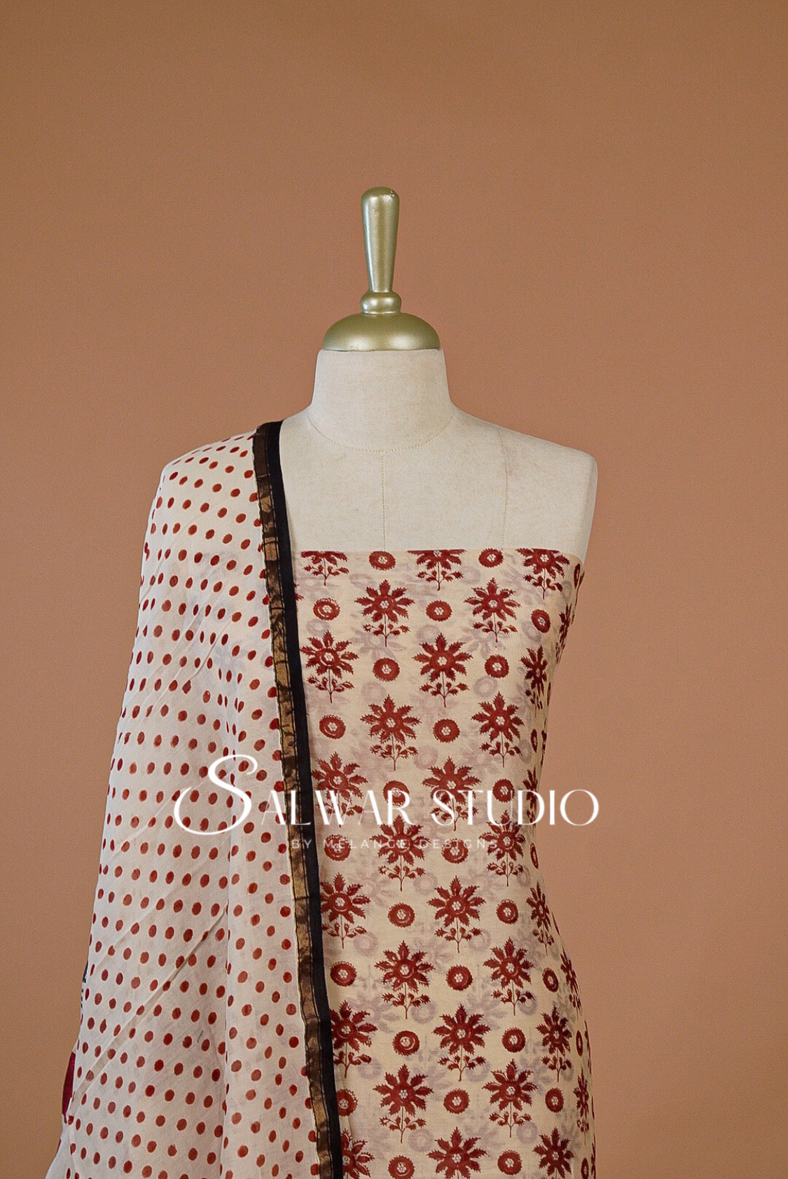 Printed Chanderi Unstitched Salwar Suit Dress Material Cream Tan With Maroon AC0206