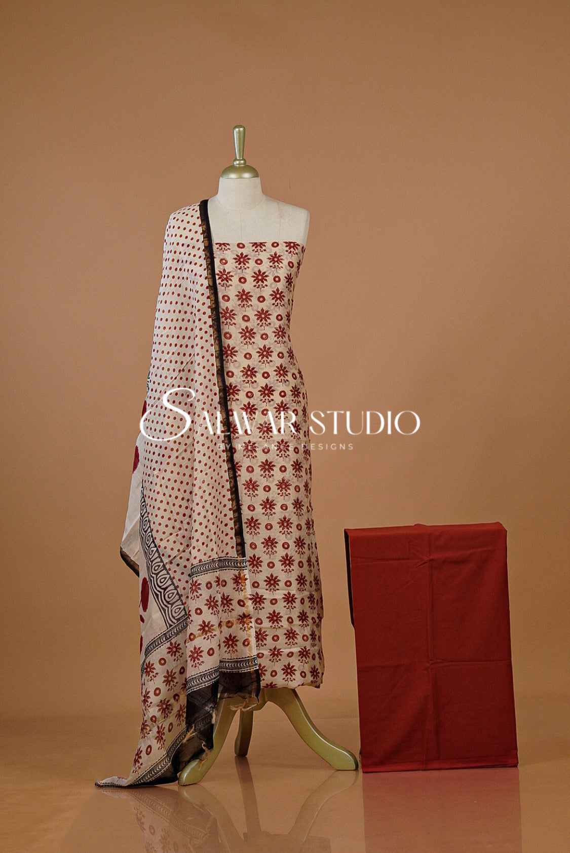 Printed Chanderi Unstitched Salwar Suit Dress Material Cream Tan With Maroon AC0206