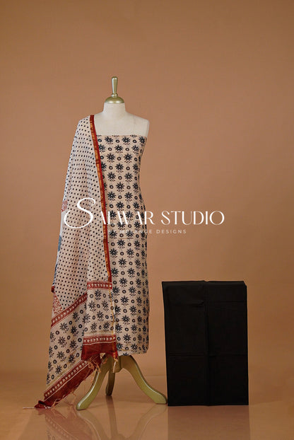 Printed Chanderi Unstitched Salwar Suit Dress Material  Cream With Black AC0207